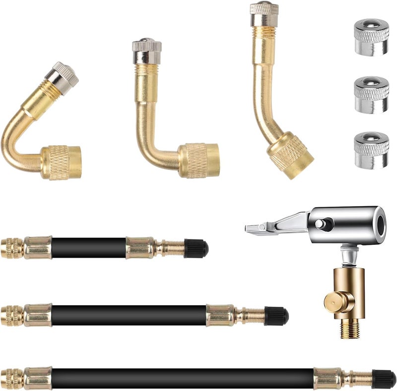 Linkstyle 10PCS Tire Valve Extenders Kit， 45° 90° 135° Angled Brass Adapters & Three Lengths Inflator Hose Extensions for Car RV Bike Motorcycle Trailer - Image 1